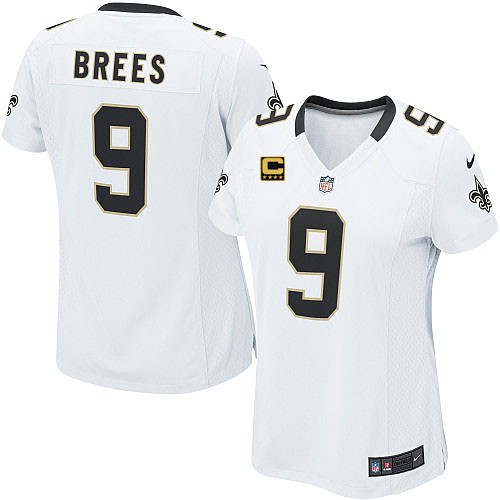 Women's Elite Drew Brees C Patch Nike Jersey White Road - #9 NFL New Orleans Saints